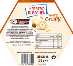 Ferrero Küsschen White Crispy - Valentinsdagsgave til ham og hende - Sprøde ristede hasselnødder i let creme med sprøde chips, dækket af hvid chokolade, 1 pakke med 20 individuelle praliner