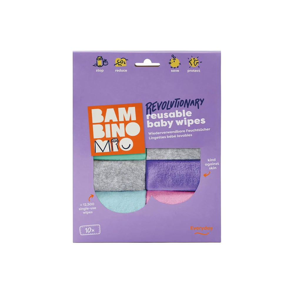 Bambino Mio Genanvendelige Babyservietter - Basic - Miljøvenlige, Kemikaliefri, Dobbeltsidet, Vaskbar, 10 Pack, Cloud - Emballagen kan variere
