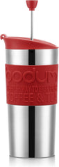 Cană termică Bodum K11067-04 TRAVEL PRESS SET, cu pereți dubli, oțel inoxidabil, capac suplimentar, 0,35 l, roșie