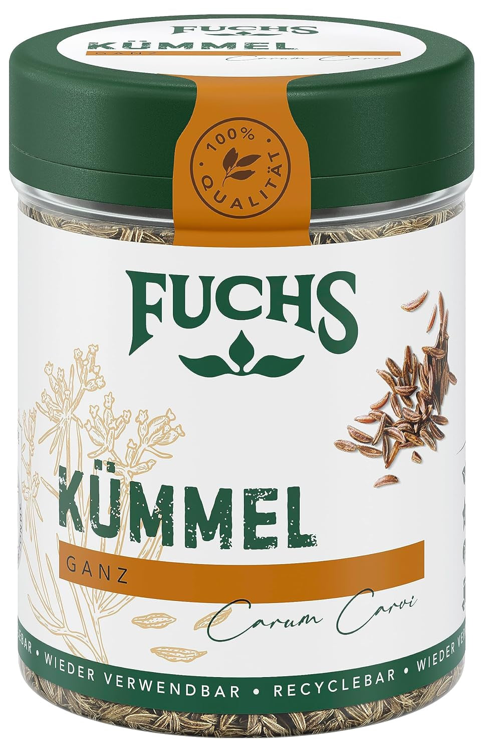 Fuchs Gewürze - Kümmel ganz - kräftiges Gewürz für Kohl- und Fleischgerichte oder zu Bratkartoffeln - naturlig Ingrediens - 60 g i wiederverwendbarer, genbrugsbarer Dosis