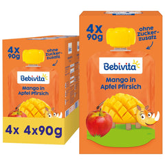 Mango æble fersken klembare poser - 16 pakke (4 pakke, 4 x 90 g hver), uden tilsat sukker, glutenfri, ideel til snacks og på farten