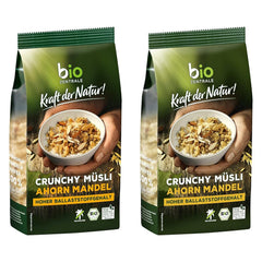 Sprød ahornmandelmüsli | 375 g Økologisk Crunchy Müsli | Ideel til morgenmad og en kop takeaway müsli | Vegansk og palmeoliefri (pakke med 2)