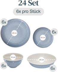 Set de veselă din gresie pentru 6 persoane, Hygge, 24 de piese. CÂȘTIGĂTOR AL TESTULUI, Set de veselă din gresie scandinavă Dreamy, set de boluri și farfurii, serviciu de cină pentru 6 persoane, seturi de veselă Pure Living în gri-albastru