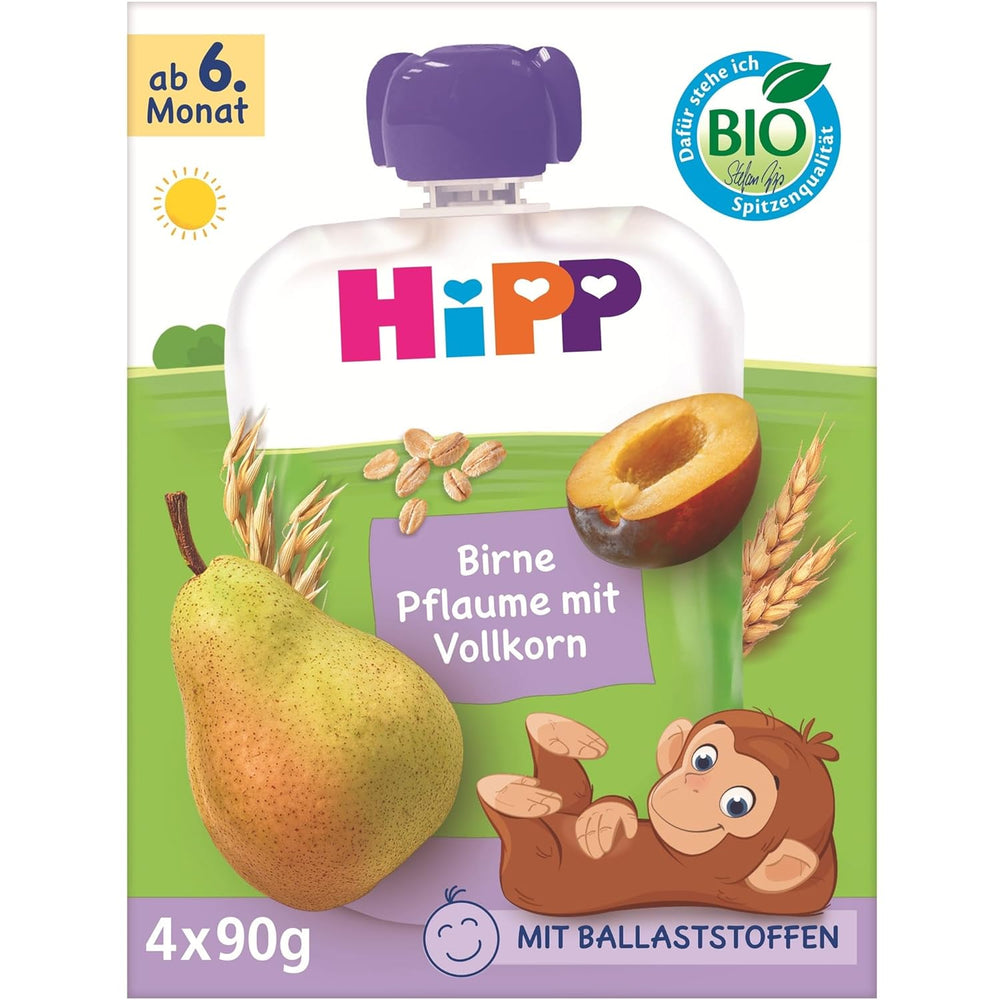 HiPP Økologiske pære- og blommeposer, fuldkorn, 16 stykker (4 pakker á 4 x 90 g hver), til babyer fra 6 måneder, uden tilsat sukker, vegansk, bedste økologiske kvalitet