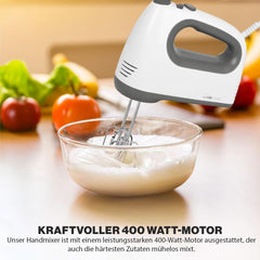 Clatronic mixer | Kraftvoller 400 Watt-motor | Håndmixer | Turbostufe & 5 Geschwindigkeitsstufen | Håndmixer | Spülmaschinengeeignete Edelstahlquirle Und -Knethaken | HM 3775 Køkken Naty Shop