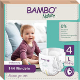 Bambo Naturbleer til babyer, str. 4 (7-14 kg), 144 stk, Månedsæske | Premium bleer med forbedret lækagebeskyttelse | Ultimativ komfort og frihed for aktive børn | Dermatologisk testede bleer
