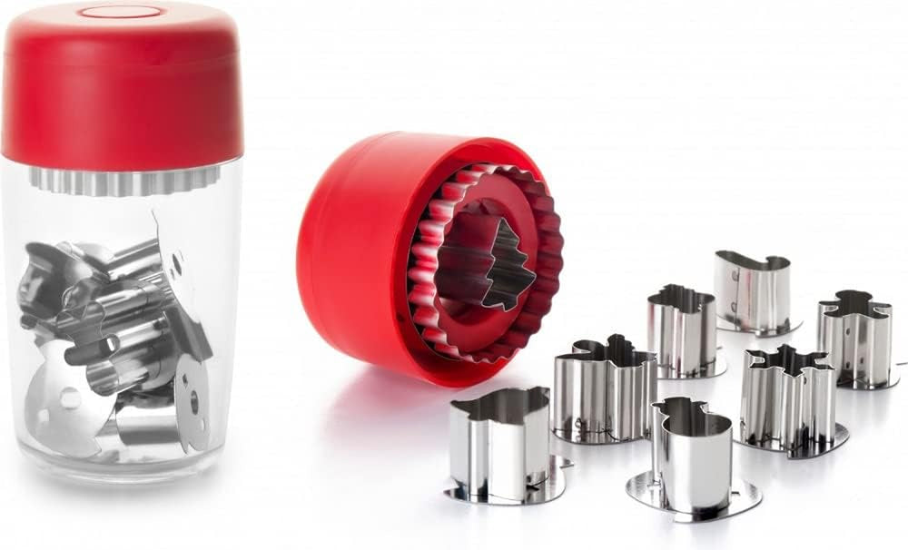 Set de forme pentru biscuiți Linzer, Crăciun, cu 8 forme, oțel inoxidabil, argintiu/transparent/roșu, 13 x 6 x 6 cm, 9 bucăți