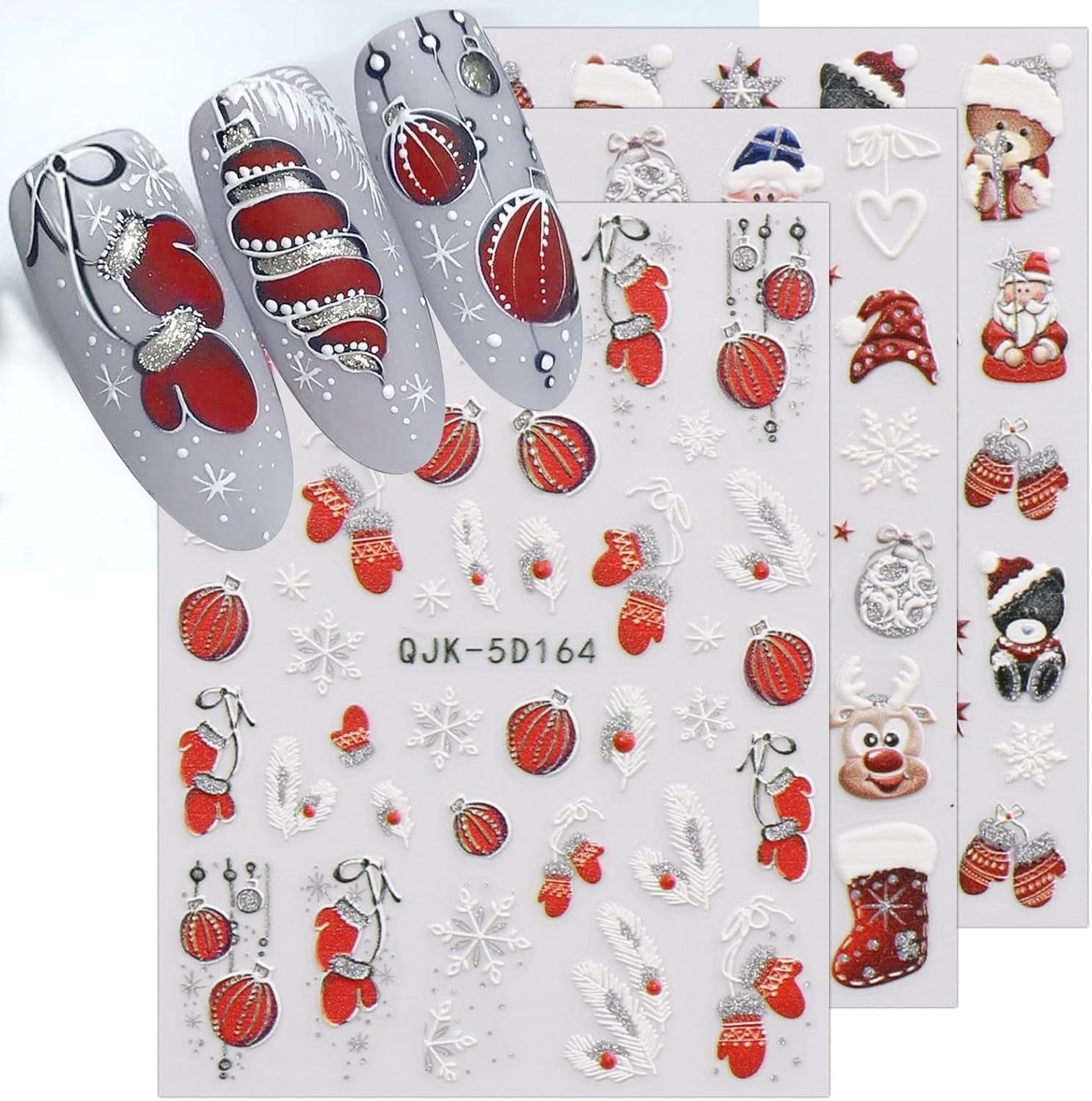 JMEOWIO 3D Nagelsticker Weihnachten Glitzer Nail Art Sticker Selbstklebend Nagelaufkleber 5D Stereoskopisch Schneeflocke Winterurlaub Süß Dekoration Nageldesign Zubehör 4 Blatt