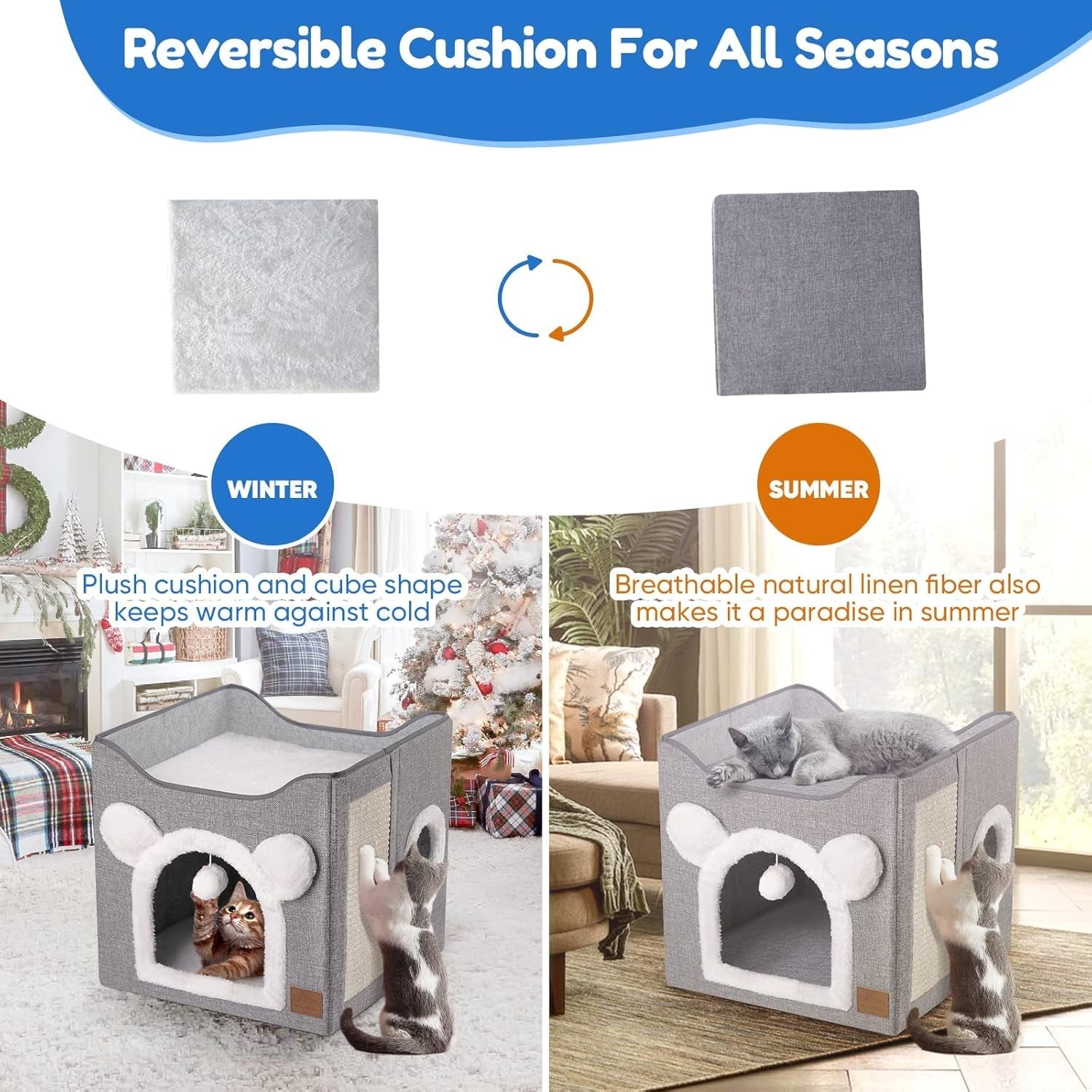 CATISM Căsuță pliabilă pentru pisici, Peșteră pentru pisici, Cub cu 2 straturi, Pat pentru pisici cu spațiu mare, cu placă de zgâriat și minge de joacă pentru animale de companie mici și medii, odihnă în interior, 40 * 40 * 35 cm, gri