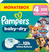 Pampers Baby-Dry Puppy Patrol Edition bleer, størrelse 4, 222 bleer, 9 kg - 14 kg, op til 100 % lækagebeskyttelse og komfort hele natten