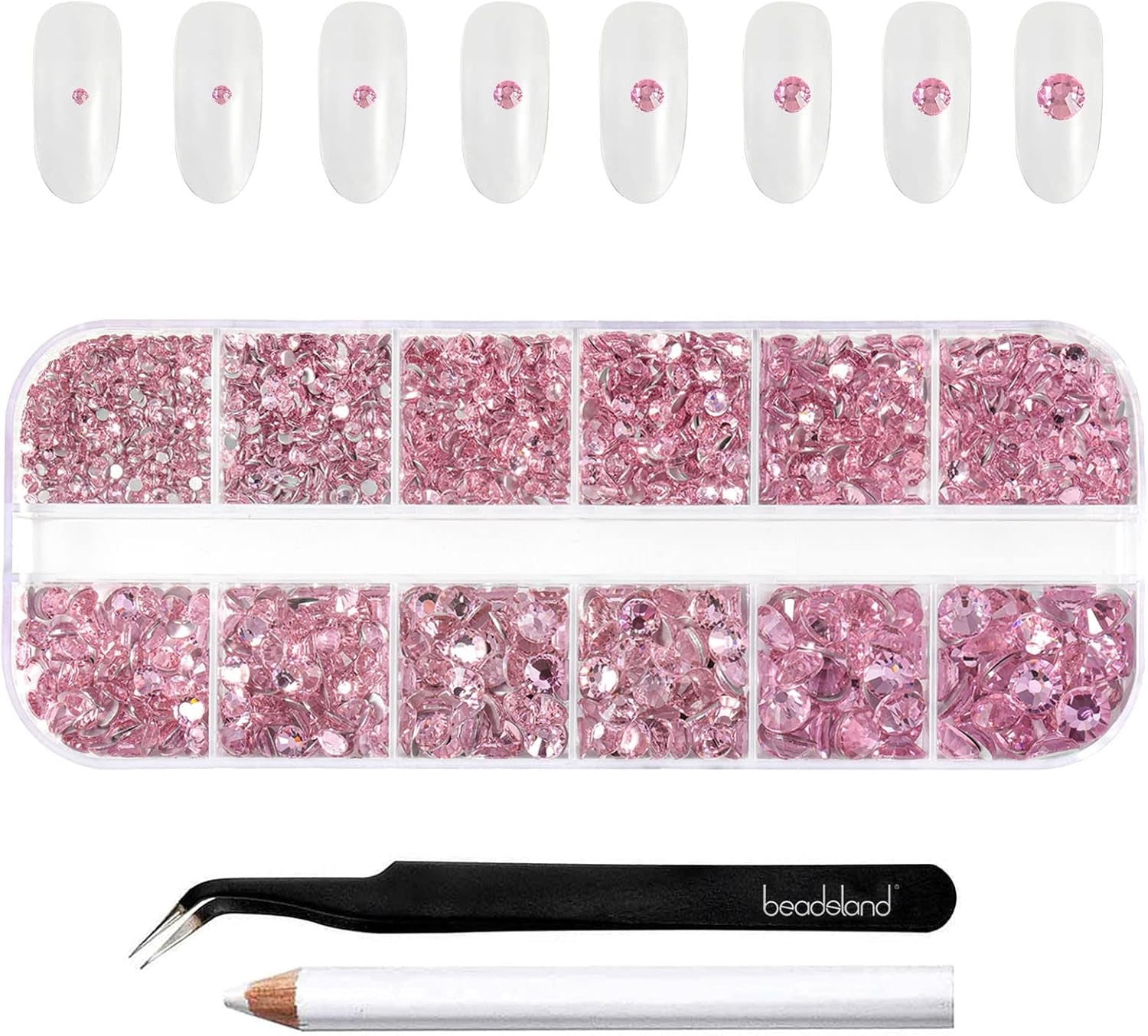 Beadsland 2500Pcs Glas Nailart Strasssteine Kristall Flatback Edelsteine Runde, Für Handwerk Gemischt 8 Größen SS4 ~ SS30 Mit Picking Pinzette Und Stift (Kristall Weiss)