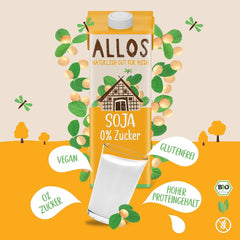 Allos Bio Sojadrink ohne Zucker | Milchalternative fra Soja | Sojadrik | Drik auf Pflanzenbasis | vegansk drik | ohne zugesetzten Zucker | vegansk | laktosefri | 1 liter (6 stykker)