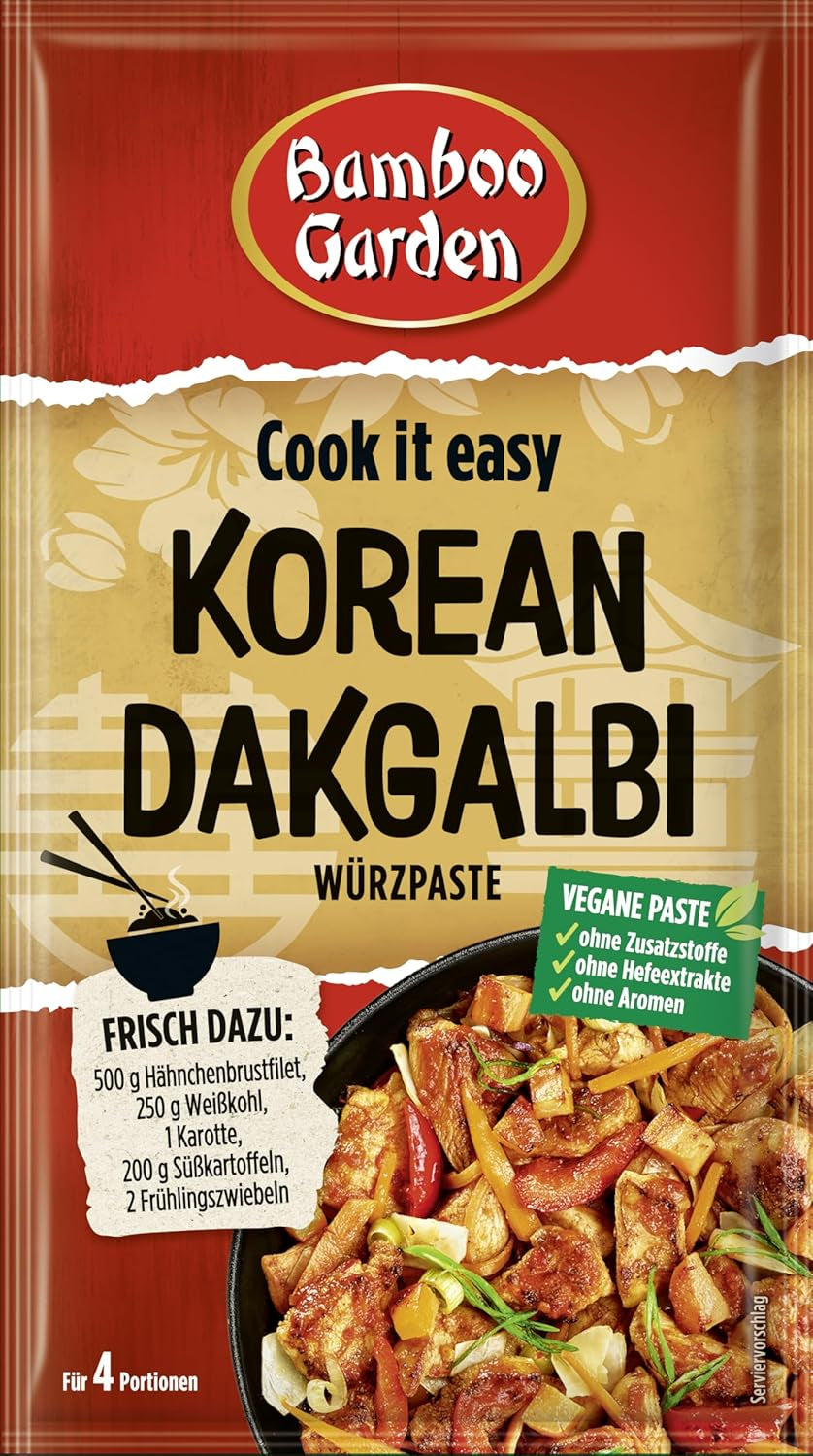 Bambushave - koreansk Dakgalbi Würzpaste | Zum Marineren af Hühnchen, Gemüse og Tofu | Til 4 portioner | Veganske, naturlige ingredienser | 50 g i pose