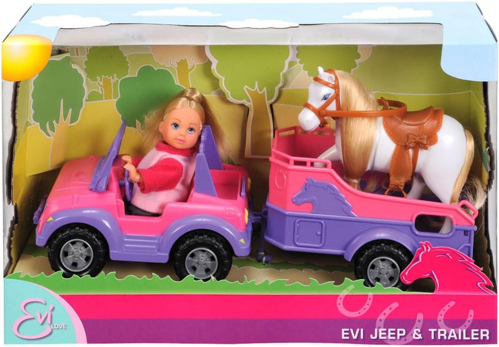 Simba 105737460 - Evi Love Evi hestetrailer med lyserød jeep, lilla hest og pony vedhæng, påklædningsdukke, 12 cm, 3+ dukker Naty Shop Standardtitel