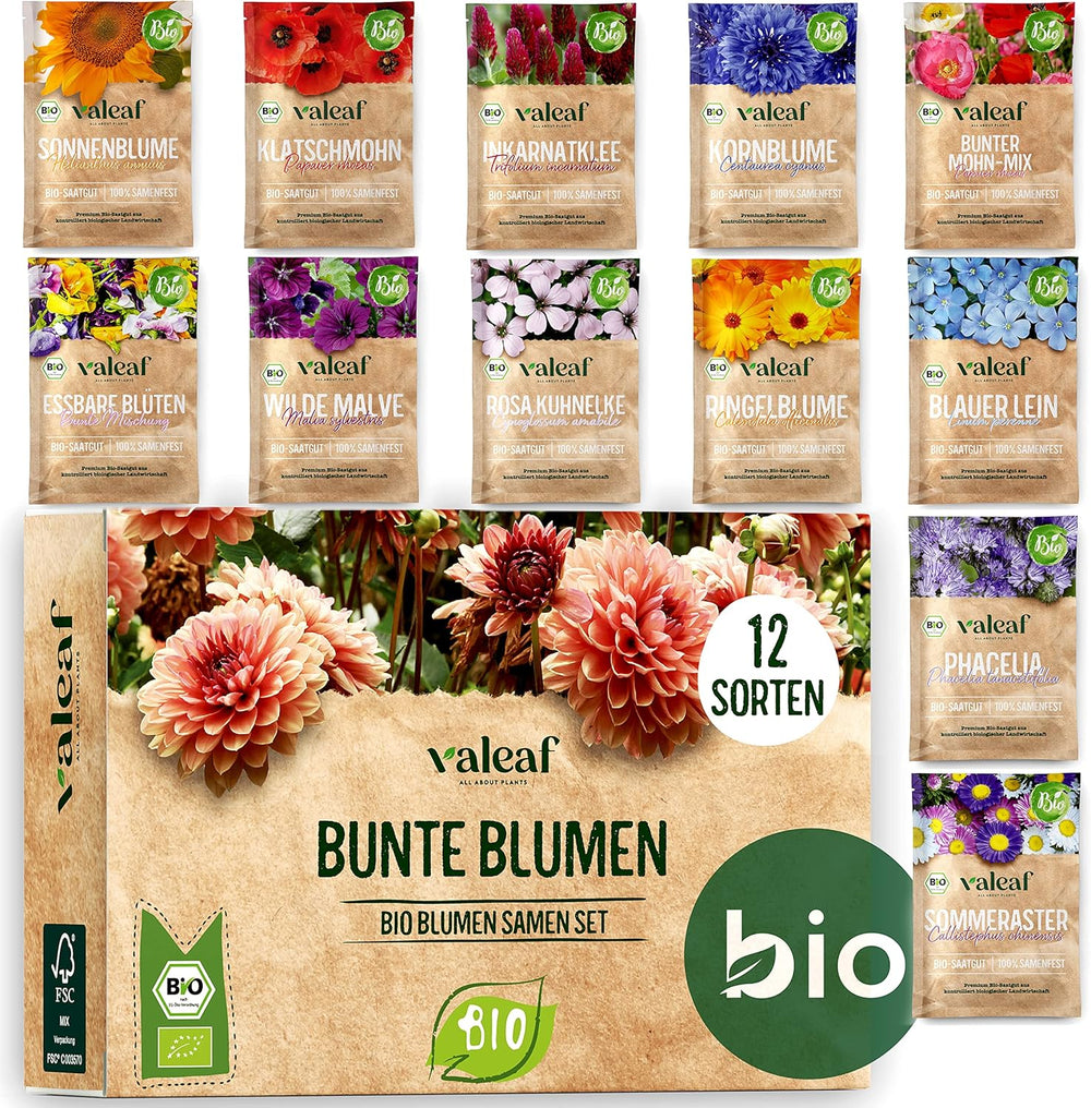 Økologisk blomsterfrøsæt | 12 sorter af blomsterfrø | Premium blomsterfrø | Wildflower frø plante frø sæt | Blomsterfrø | Blomsterfrø til altanen | Ideel gave med blomsterfrø