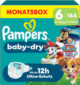 Pampers Baby-Dry Puppy Patrol Edition bleer, størrelse 6, 164 bleer, 13 kg - 18 kg, op til 100 % lækagebeskyttelse og komfort hele natten