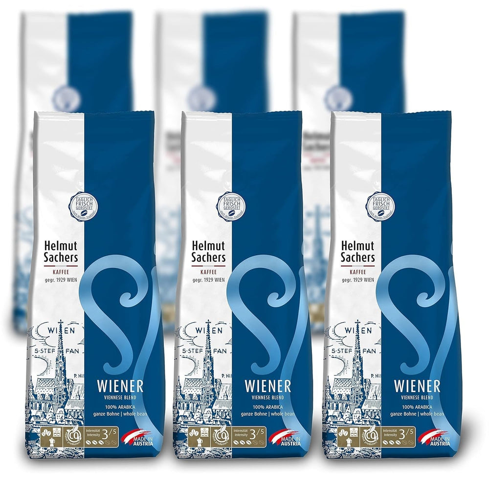 Helmut Sachers Kaffee - Wienerblanding, styrke 3/5, 100 % Arabica, hele kaffebønner, 6 X 500 G Naty Shop Standardtitel