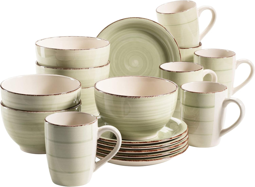 MÄSER 931490 Bel Tempo II Serviciu de mic dejun pentru 6 persoane în aspect vintage, ceramică pictată manual, set de veselă cu 18 piese, verde, gresie