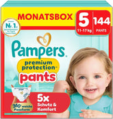 Pampers Premium Protection Pants str. 5, 144 bleer, 11 kg - 17 kg, med 360° justering og bløde anti-lækage manchetter for optimal komfort og beskyttelse