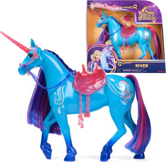 Unicorn Academy Einhorn River - 28 cm groß, Original-Einhorn von Isabel zur Netflix-Serie, mit echter Mähne und Schweif, abnehmbarem Zaumzeug und Sattel sowie Bürste, für Kinder ab 4 Jahren