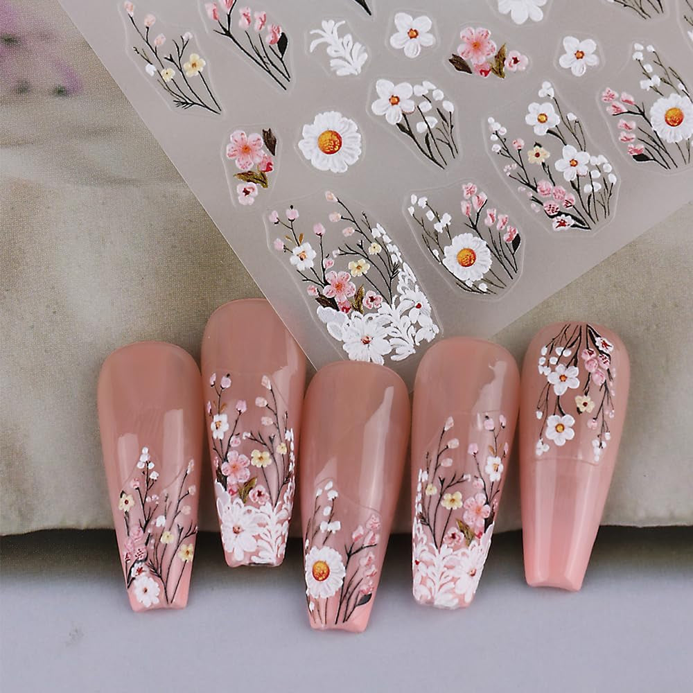 Autocolante pentru unghii cu flori de prun, autocolante pentru unghii cu flori albe și roz, autocolante pentru unghii cu flori în relief, autocolante pentru unghii cu flori de primăvară și vară, design pentru unghii, accesorii pentru unghii, nail art