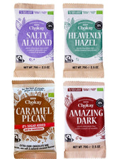 Økologisk bar - 4 stykkers prøveudtagningssæt/fantastisk sort, hasselnød, pecan karamel, saltet mandel/ingen tilsat sukker, ingen sødemidler/veganer, GLUTENFRI & FAIR TRADE / 4 x 70 g