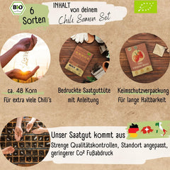 Økologisk chilifrøsæt - 6 økologiske chilifrø, mild til ekstremt krydret, gratis bestøvet kvalitet | fra krydret Habanero til farverige og traditionelle chilisorter – Pepperoni Seeds