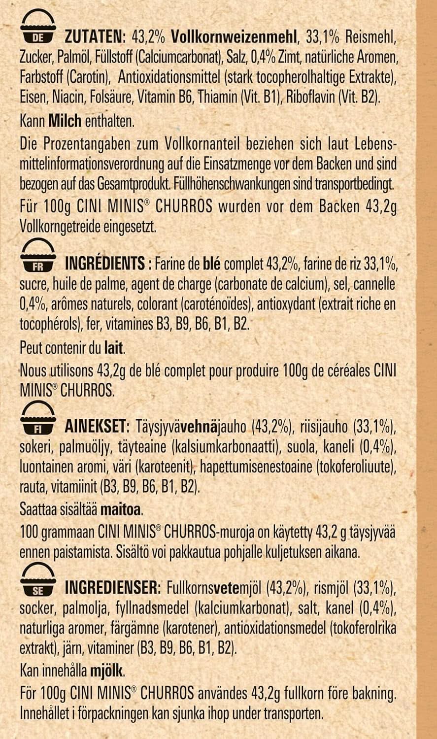CINI MINIS Churros cereale pentru micul dejun cu 42% făină integrală, 360 grame Naty Shop
