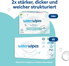 WaterWipes Sensitive+ On The Go Wet Wipes, 100 Wipes (10 Pack), 3 i 1 Renser, Plejer, Beskytter, 99,9% Vand, Duftfri Wipes