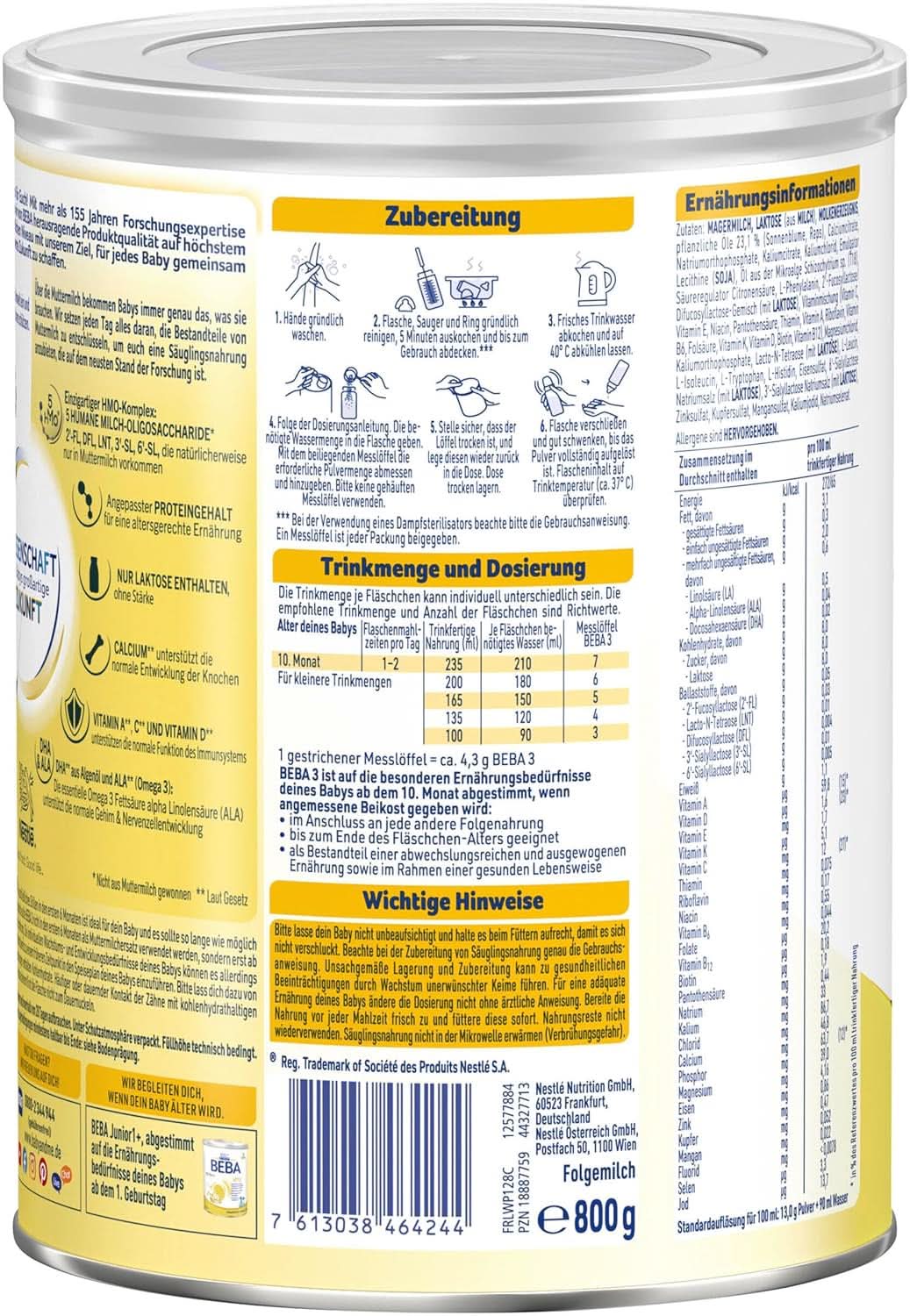 Nestlé BEBA 3 lapte praf de continuare, formulă de continuare de la 10 luni, pachet de 3 (3 X 800G) Mama si Copilul Naty Shop