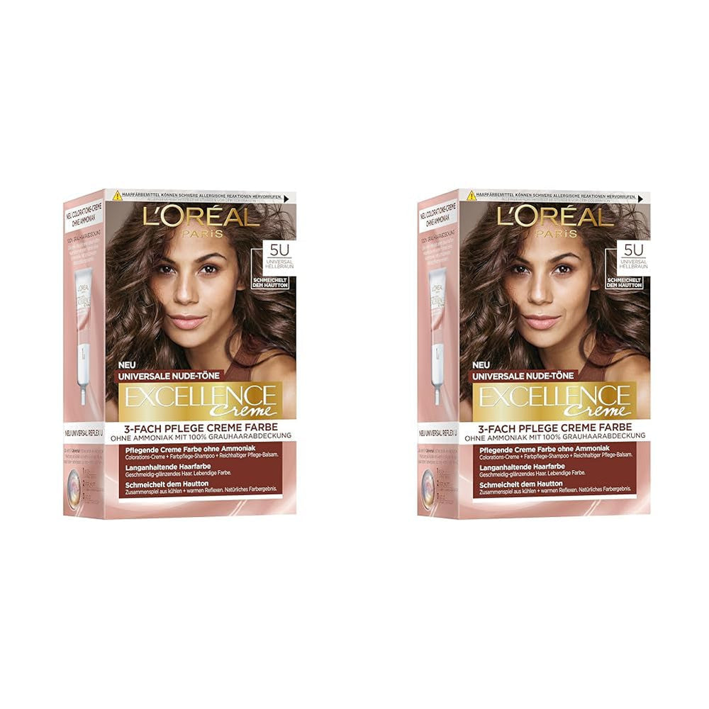 L'Oréal Paris Vopsea de păr permanentă pentru fiecare ton de piele, colorare fără amoniac, tonuri nude universale cu acoperire completă a părului gri, Excellence Creme, nr. 5U Castaniu deschis (maro), 1 buc Vopsea pentru par Naty Shop 5U 192 G (pachet de 2)
