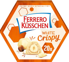 Ferrero Küsschen White Crispy - Valentinsdagsgave til ham og hende - Sprøde ristede hasselnødder i let creme med sprøde chips, dækket af hvid chokolade, 1 pakke med 20 individuelle praliner