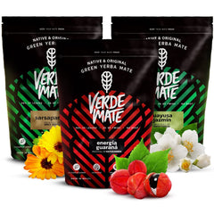 Set de ceai Yerba Mate cu plante | Yerba Mate cu plante | Verde Mate Green Energia Guarana, Guayusa Jazmin, Sarsaparilla | Yerba Mate verde brazilian | 3X500G