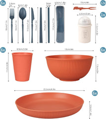 Set de tacâmuri indestructibil pentru 6 persoane, set de tacâmuri pentru camping cu 66 de piese, seturi de tacâmuri din plastic pentru picnic, ușoare, colorate, grătar, farfurii de servire din plastic, boluri, set de tacâmuri