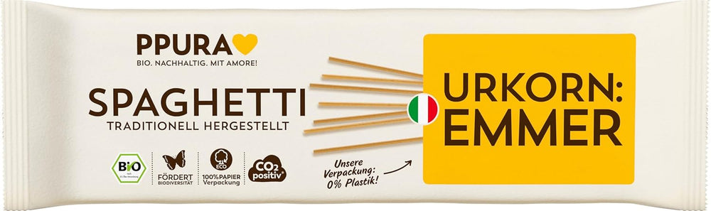 PPURA Økologisk Spaghetti Pasta med Emmer 500g, 100% naturlig emmer spaghetti, lavet i Italien - Italiensk pasta uden tilsætningsstoffer, farvestoffer eller konserveringsmidler