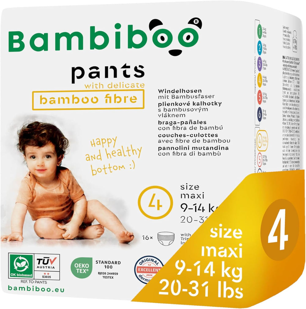 Scutece de unică folosință Bambiboo, prietenoase cu pielea, cu fibre fine de bambus - Chiloți pentru scutece pentru bebeluși - Huse de scutece de unică folosință - Protecție pentru pielea sensibilă - Foarte absorbante - Mărimea 4 (Maxi), 16 bucăți
