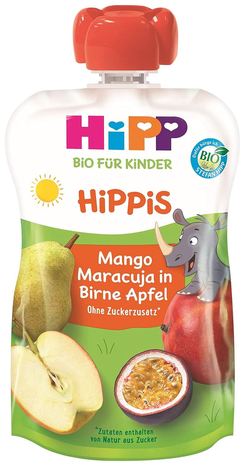 Pungi de stoarcere Hipp Super-Hippis, acerola de rodie in mere-zmeura, fructe 100% bio fara zahar adaugat, 6 pungi de 100 g Mama si Copilul Naty Shop 6 x 100 grame Mango, fructul pasiunii, pere, mere