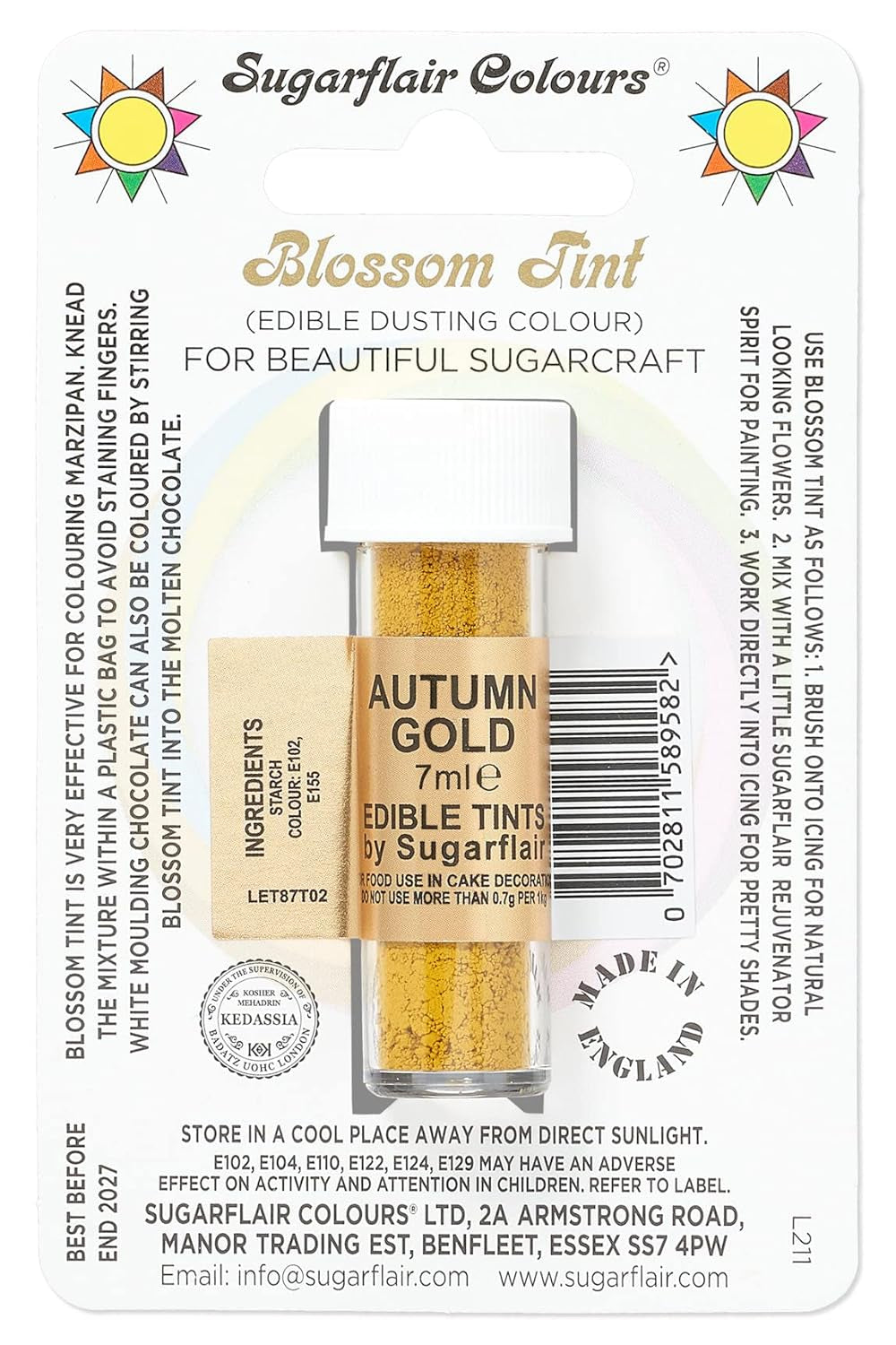 Sugarflair Blossom Tint Dust Pudră Colorantă Alimentară Autumn Gold - Pudră Colorantă Alimentară pentru Decorațiuni Pastă de Zahăr Colorată, Fondant, Glazură, Ciocolată, Cremă de Unt, Macarons - 7Ml