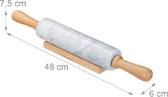 Relaxdays Nudelholz Marmor, Griffe aus Holz, Teigroller zum Kochen & Backen, mit Ablage, 48 cm, schwere Backrolle, hvid