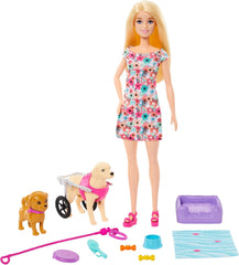 Păpușa Barbie Dog Duo și accesorii, inclusiv cățeluș și câine mare cu scaun cu rotile, lesă, bol cu hrană, pat pentru animale și recompense cu oase, pentru copii cu vârsta de 3 ani și peste, HTK37