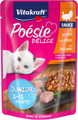 Vitakraft Poésie Délice, Junior, Hrană umedă pentru pisici, Hrană umedă în sos, cu curcan, Pachet multiplu, pentru pisici tinere, Fără zahăr adăugat sau cereale (23 x 85g)