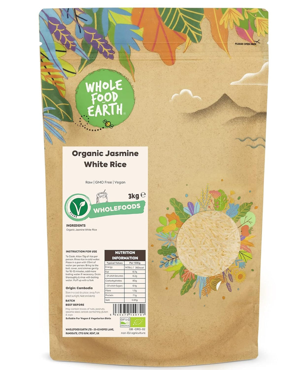 Hvide ris med jasmin Wholefood Earth Organic 3kg Raw | Ikke-GMO | Vegansk | Kilde til fiber | Certificeret økologisk