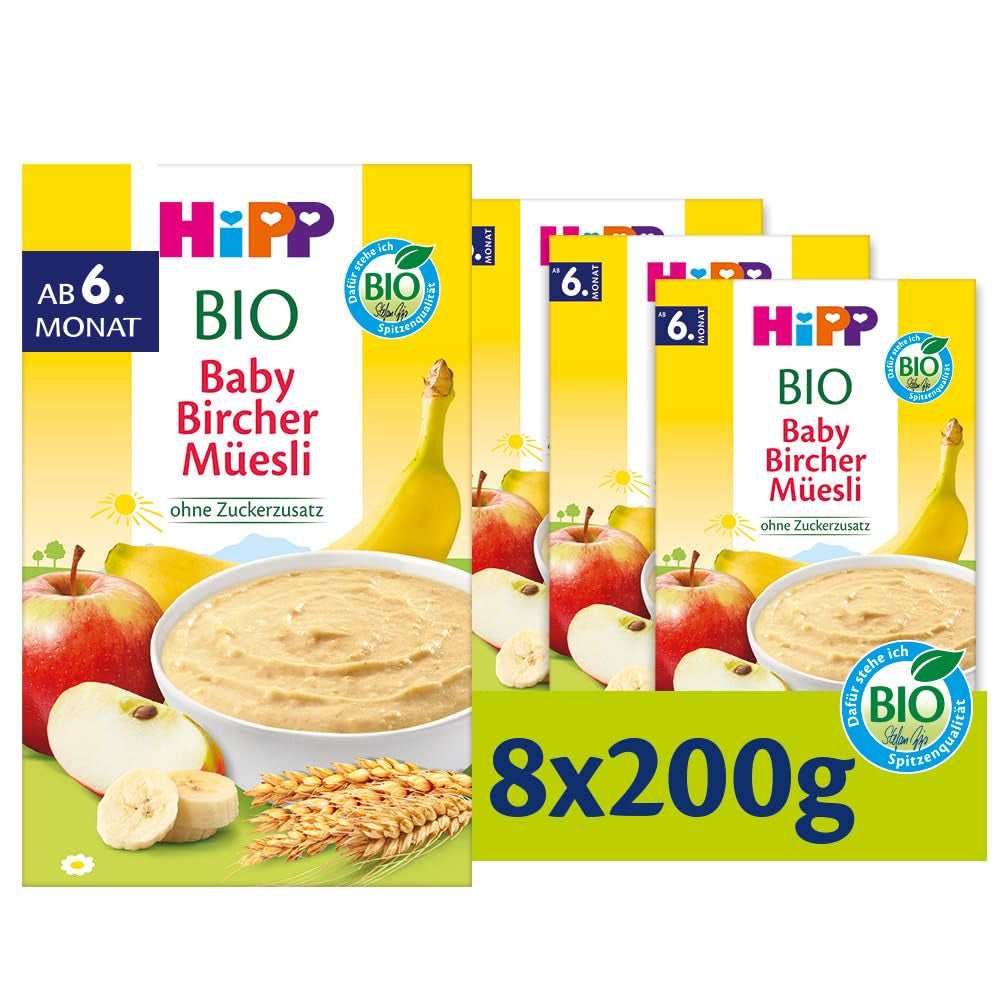 HiPP Økologisk Baby Bircher Müsli (8 x 250 g), fra 6 måneder, uden tilsat sukker, ekstra møre kornflager - letfordøjelig morgenmad af bedste økologiske kvalitet