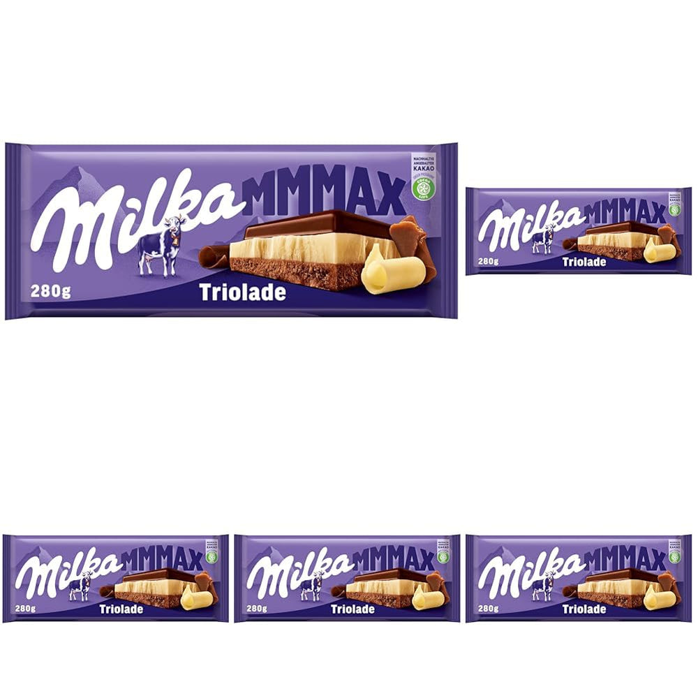 Milka Triolade 1 x 280g | Stor trelags chokoladebar | Alpine mælkechokolade, hvid og mørk chokolade | Milka chokolade fra 100% alpemælk | Chokoladebarer (pakke med 5)