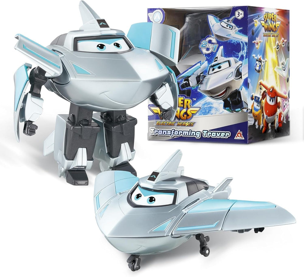 Super Wings Transformation Plane Supercharged Traver, ca. 12,7 Cm Stor børnelegefigur legetøjsflyvemaskine og robotfigur til drenge og piger over 3 år Sølv actionfigurer Naty Shop Traver