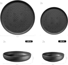 MÄSER 934064 Set de veselă vintage modern pentru 2 persoane, design maur cu glazură mată, serviciu de cină cu 8 piese, farfurii și boluri din ceramică de înaltă calitate, gresie, negru