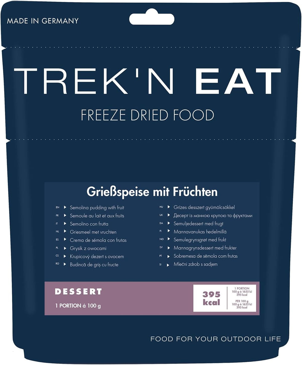 Trek'n Eat frugtagtig semuljebudding - cremet frugtagtig semuljedessert til udendørs aktiviteter, vandreture og nødforsyninger | Færdiglavet semuljebudding med vand, lang holdbarhed, uden tilsætningsstoffer