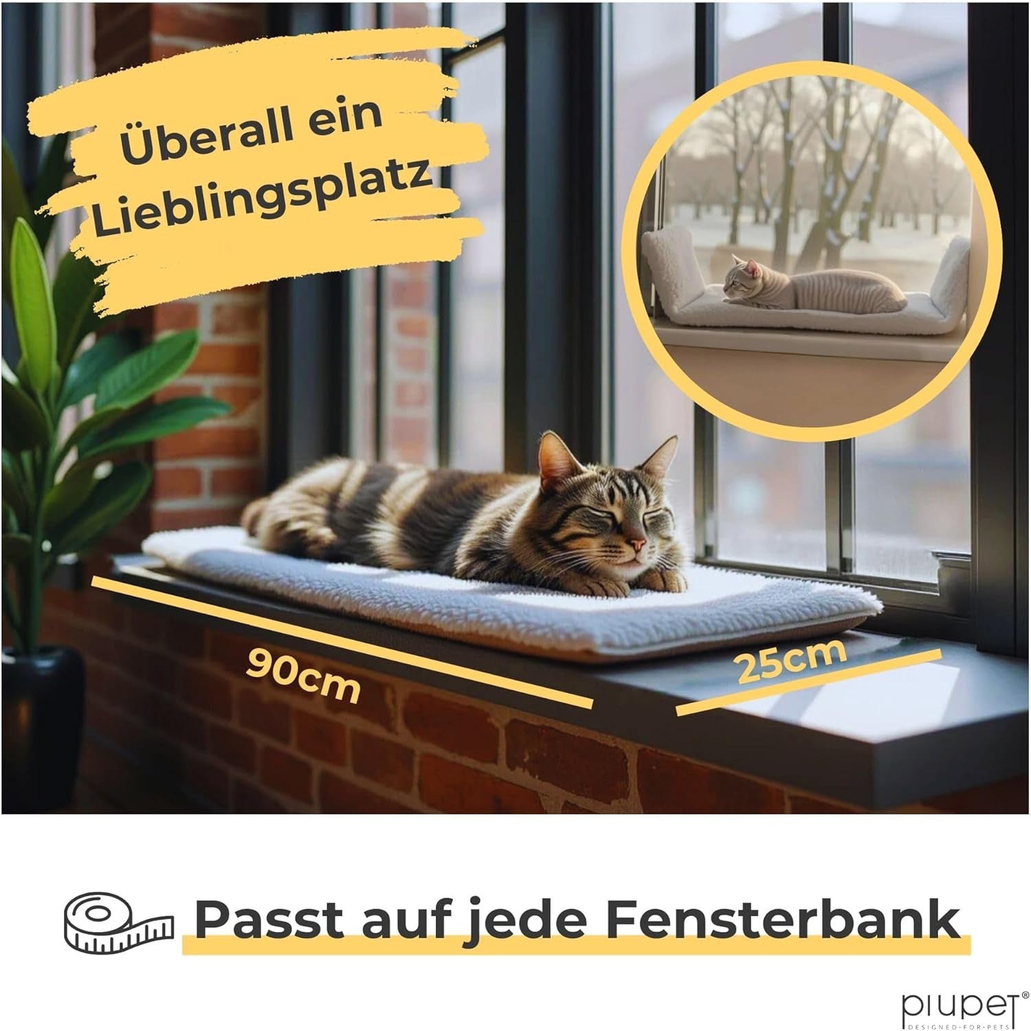 Pătură autoîncălzitoare pentru pisici Piupet, pentru pervazul ferestrei | Pat pufos pentru pisici | Pat pentru pisici de pe pervazul ferestrei | 90 x 25 cm | Bej