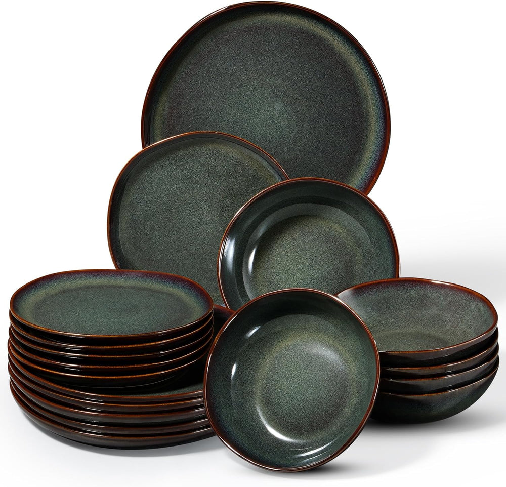 Set de veselă pentru 6 persoane, set de servire din gresie, format din 18 piese, boluri rotunde neregulate pentru cereale, farfurii de desert, farfurii de cină, rezistent la zgârieturi și potrivit pentru cuptorul cu microunde, verde mușchi reactiv