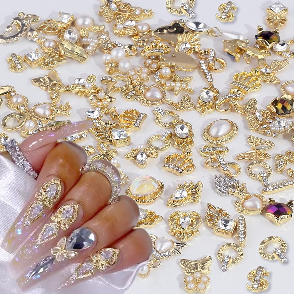 50 Stück Gold Nail Charms,Mix Styles Glitzersteine Nägel Perle Legierung Nagel Steine Blume Schmetterling Strasssteine Nägel Herz Stern Nagel Charms DIY Nail Art Zubehör Frauen Nägel Deko